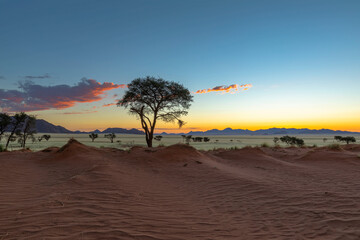 Fototapeta na wymiar Orange and yellow light on clouds and red sand after sunset in Namib Desert