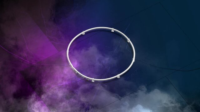 Neon purple circle sign glowing on marble wall, looped switch