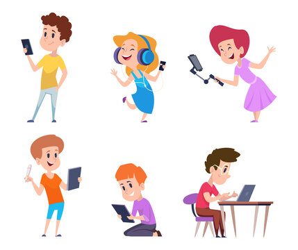 Kids with gadgets. Little persons holding smartphones and tablet using pc or notebook learning devices smart technology exact vector flat pictures set