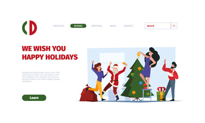 Obraz na płótnie Canvas Xmas party landing. People celebration new year happy home dancers with gifts garish vector web page template