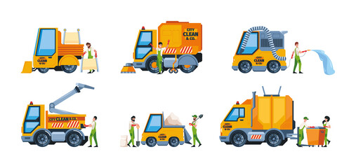 Cleaning service. Urban vehicles cleaners street sweepers bad dust environment garbage removing cars garish vector cartoon illustrations