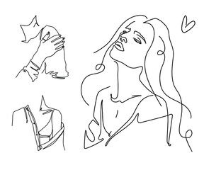 Silhouettes of a women in a shirt with an open shoulder. Pretty and sexy young girl. Abstract minimalistic sketch in black continuous lines. Great for postcard, textiles, logo ,icon, avatar. - 470660652