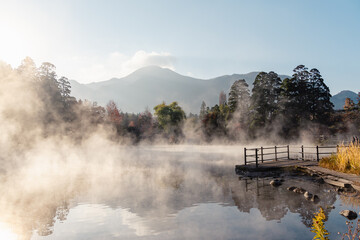 湯布院　朝霧　早朝　紅葉
