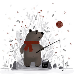 Cute cartoon brown bear with a burgundy scarf is fishing. Dawn, river, nature, hobbies, leisure. Great for postcards, textiles, stickers. Animal design. - 470661215