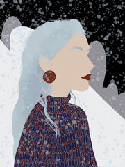 Young beautiful stylish girl in a warm blue sweater. Face profile. Winter, snowfall, snowdrifts, christmas, new year, holidays. Great for postcards, textiles, stickers. - 470661261