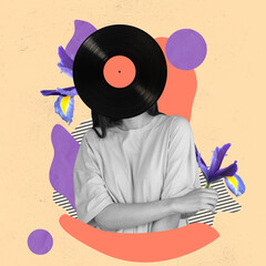 Contemporary art collage of female, woman with vinyl record head isolated over colorful yellow...