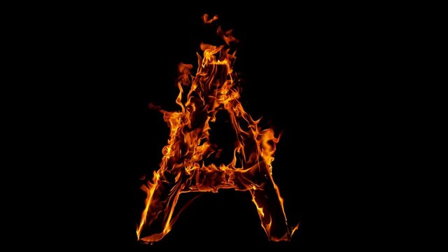 A - Single Letter of Fire Flames Alphabet on Black Background. Super Slow Motion, 1000 fps.