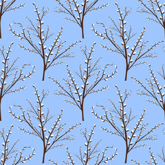 Seamless pattern with pussy willow branches on a blue isolated background. Abstract background with white willow.
