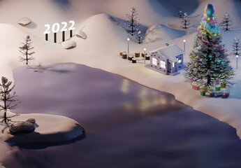 A house and an elegant spruce in the snow-capped mountains decorated with garlands on New Year's Eve.