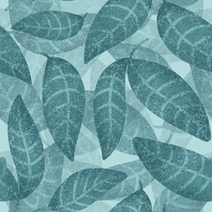 Decorative Turquoise Green Leaves. Abstract Floral seamless pattern with hand drawn textures. Spring Forest Foliage. Modern Natural background for invitation, wrapping paper, textile, fabric, cover