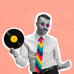 Comtemporary art collage of stylish man with colorful tie, trendy sunglasses holding vinyl isolated over pink background. Retro music style