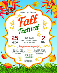 Fall festival announcing poster template with autumn leaves falling to green grass. - 470662835