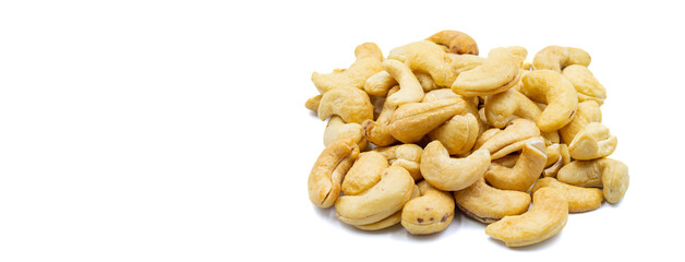 Cashews isolated on white background. Snack fresh nuts. close up. Empty space for text. Copy space