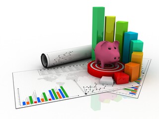 3d rendering Pig Coin bank with business graph