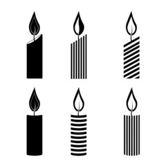 Vector set consisting of stylized lighted candles of different shapes.