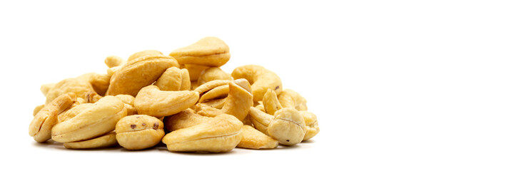 Cashews isolated on white background. Snack fresh nuts. close up. Empty space for text. Copy space