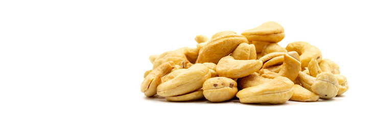 Cashews isolated on white background. Snack fresh nuts. close up. Empty space for text. Copy space