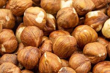 Close-up Peeled hazelnuts. food background. Snack Fresh Nuts.