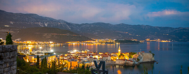 Night view of Budva old town with seaview and evening lights from restaurant Vista Vidokovac