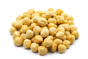 Peeled hazelnuts isolated on a white background. Snack fresh hazelnuts. close up