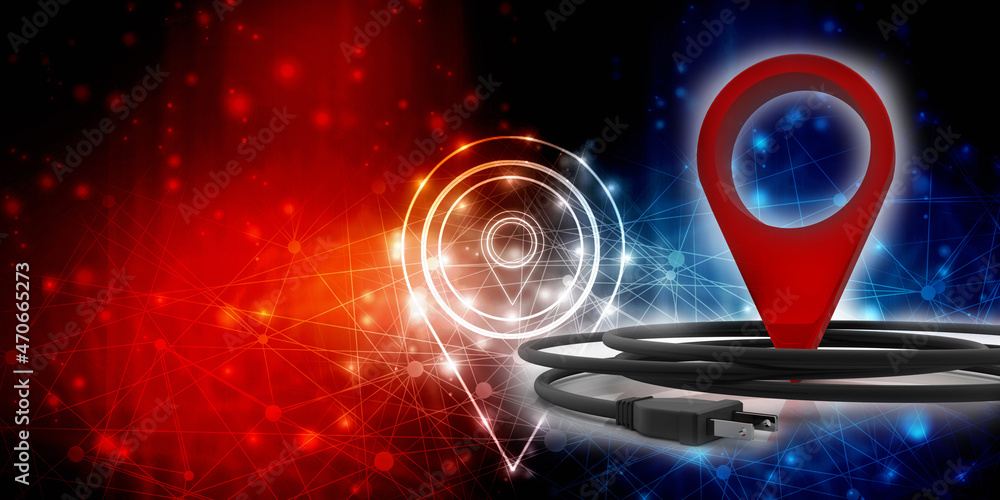 Poster 3d rendering red map pointer connected aux cable