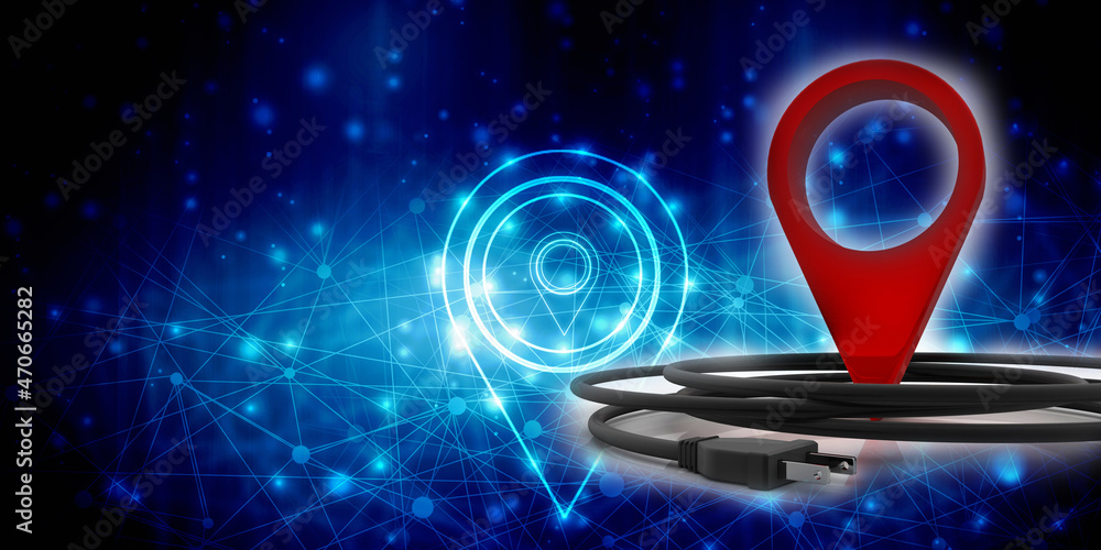 Poster 3d rendering red map pointer connected aux cable