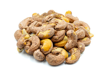 Shelled cashews isolated on white background. Snack fresh nuts. close up