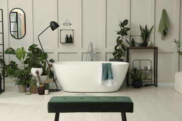 Stylish bathroom interior with modern tub and beautiful houseplants. Home design