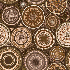 Seamless brown pattern with colorful round elements made of dots