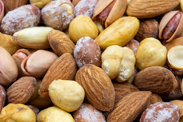 Close-up Mixed nuts. food background. Snack Fresh Nuts.