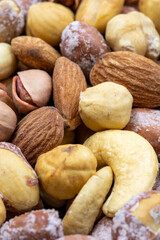 Close-up Mixed nuts. food background. Snack Fresh Nuts. Story format