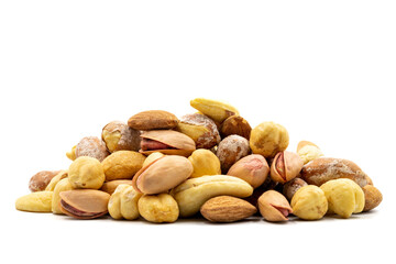 Mixed nuts isolated on white background. Snack fresh nuts. close up