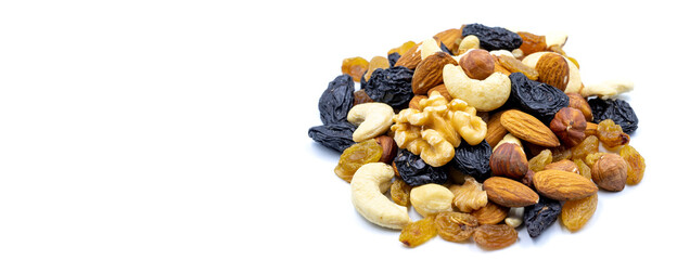 Mixed nuts isolated on white background. Snack fresh nuts. close up. Empty space for text. Copy...