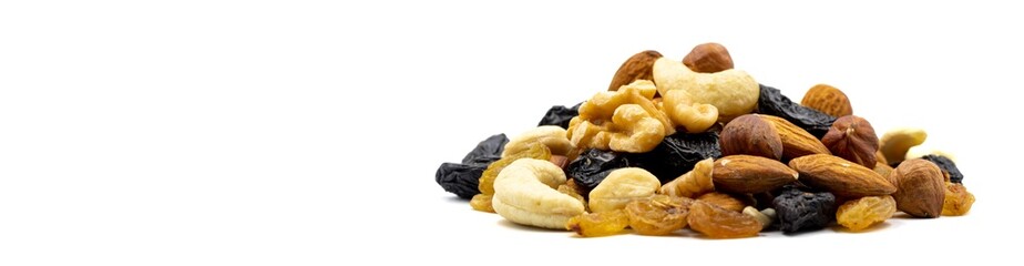 Mixed nuts isolated on white background. Snack fresh nuts. close up. Empty space for text. Copy space