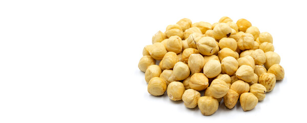 Hazelnut kernel isolated on white background. Snack fresh Peeled hazelnuts. close up. Empty space for text. Copy space