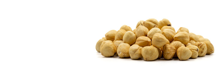 Hazelnut kernel isolated on white background. Snack fresh Peeled hazelnuts. close up. Empty space for text. Copy space
