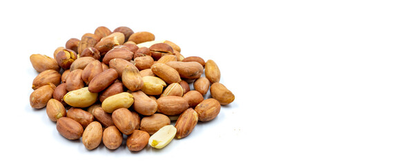 Peanuts isolated on white background. Snack nuts. close-up. Empty space for text. Copy space