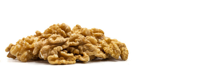 Walnut kernel isolated on white background. Snack fresh nuts. close up. Empty space for text. Copy space