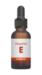 Vector illustration or icon of an amber glass dropper bottle with liquid vitamin E isolated on white. Vitamin E drops. Liquid drops, dietary supplement. Tocopherol, tocotrienol, antioxidant.