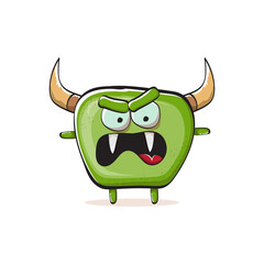 Vector cartoon funky green monster with horn isolated on white background. Smiling silly green monster print sticker design template. Ghost, troll, gremlin, goblin, devil and monster