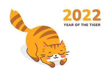 Vector illustration of happy cute striped red cat character on white color background. Flat line art style design of sleeping animal tiger cat with text. Symbol of New Year 2022