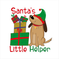Santa's little helper - cute dog in Elf hat, with gift boxes. Good for greeting card, t shirt print, poster, label, and other decoration for Christmas.