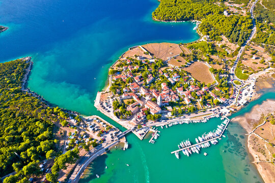 Town of Osor turquoise coast aerial view, bridge between Cres and Mali Losinj islands