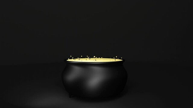 Black iron cauldron bubbling gold Happy Halloween on dark back 4k
