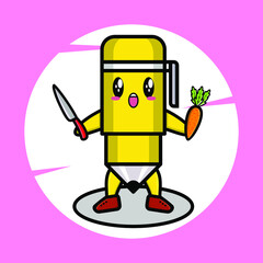 Cartoon pen mascot holding knife and carrot in cute style for t-shirt, sticker, logo element