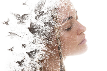 Paintography. A portrait of a woman combined with an drawing of birds.