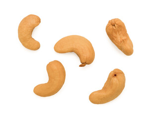 Roasted cashew nuts isolated on white background. Top view.
