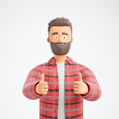 Happy cartoon beard character man in red plaid shirt showing thumbs up isolated over white background.