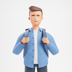 Portrait confident cartoon character student man in blue shirt stand with backpack isolated over white background.