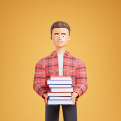 Confident cartoon character student man in red plaid shirt holding books over yellow background.